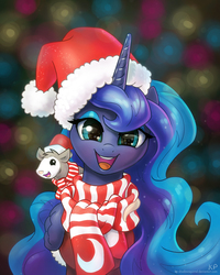 Size: 1200x1500 | Tagged: safe, artist:kp-shadowsquirrel, princess luna, tiberius, alicorn, opossum, pony, idw, spoiler:comicm10, bedroom eyes, blurry background, christmas, clothes, cute, eyeshadow, female, hat, horn, looking at you, lunabetes, makeup, mare, open mouth, santa hat, scarf, smiling, solo, teeth