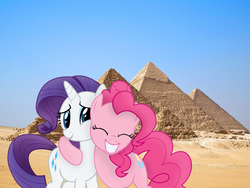 Size: 2560x1920 | Tagged: safe, artist:mahaugher, artist:missbeigepony, pinkie pie, rarity, g4, desert, egypt, irl, photo, ponies in real life, pyramid, vector
