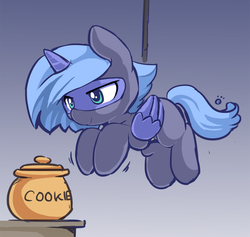 Size: 850x805 | Tagged: safe, artist:ende26, princess luna, alicorn, pony, g4, clothes, cookie, cookie jar, cookie thief, costume, cute, female, filly, food, lunabetes, rope, solo, spy, suspended, woona, younger