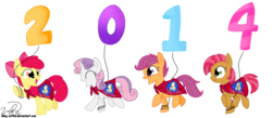 Size: 3030x1320 | Tagged: safe, artist:silky-cotton, apple bloom, babs seed, scootaloo, sweetie belle, earth pony, pegasus, pony, unicorn, g4, 2014, balloon, cutie mark crusaders, female, filly, foal, horn, new year, simple background, transparent background