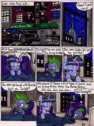 Size: 1405x1891 | Tagged: safe, artist:newyorkx3, spike, twilight sparkle, alicorn, dragon, pony, comic:twilight and the big city, g4, bmw, book, cadillac, car, comic, eyes closed, female, male, mare, that pony sure does love books, traditional art, twilight sparkle (alicorn)