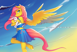 Size: 2452x1678 | Tagged: safe, artist:antiander, angel bunny, fluttershy, pegasus, rabbit, anthro, unguligrade anthro, g4, blushing, clothes, cloud, female, looking at you, skirt, sky, solo, spread wings, underhoof, windswept mane, wings