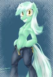 Size: 1600x2300 | Tagged: safe, artist:baitoubaozou, lyra heartstrings, pony, unicorn, semi-anthro, g4, belly button, bipedal, clothes, female, grin, i like pants, looking at you, mare, pants, smiling, solo, squee, wet, wet mane