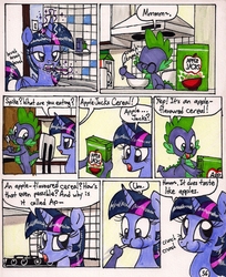 Size: 1402x1714 | Tagged: safe, artist:newyorkx3, spike, twilight sparkle, alicorn, pony, comic:twilight and the big city, g4, apple jacks, cereal, comic, female, mare, product placement, traditional art, twilight sparkle (alicorn)