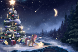 Size: 2000x1333 | Tagged: safe, artist:sylar113, fluttershy, pegasus, pony, g4, bauble, christmas, christmas ornament, christmas tree, crescent moon, decoration, female, forest, glowing, mare, moon, night, present, scenery, scenery porn, shooting star, snow, snowfall, solo, stars, tangible heavenly object, tree, water