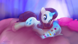 Size: 1790x1024 | Tagged: safe, artist:mechagen, rarity, pony, unicorn, g4, bed, book, catalog, clothes, diamond, female, magic, reading, slippers, solo