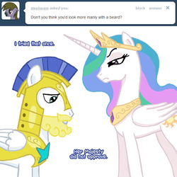 Size: 637x637 | Tagged: safe, artist:songoharotto, princess celestia, oc, oc:aquilinus, ask aquilinus, g4, ask, beard, royal guard, tumblr