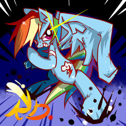 Size: 850x850 | Tagged: safe, artist:renokim, rainbow dash, g4, action pose, bandage, female, solo, wings