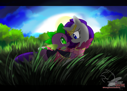 Size: 1400x1000 | Tagged: safe, artist:great9star, rarity, spike, g4, backlighting, clothes, dark, dress, female, gala dress, grass, male, on top, ship:sparity, shipping, straight