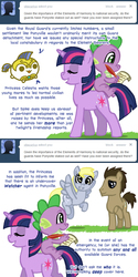 Size: 637x1274 | Tagged: safe, artist:songoharotto, derpy hooves, doctor whooves, spike, time turner, twilight sparkle, dragon, earth pony, pegasus, pony, unicorn, ask aquilinus, g4, ask, blob, chubby, comic, dragons riding ponies, female, male, mare, quill, riding, royal guard, scroll, spike riding twilight, stallion, tumblr, unicorn twilight