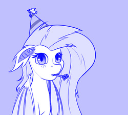 Size: 700x626 | Tagged: safe, artist:krucification, fluttershy, bat pony, pony, bats!, g4, ask, blushing, female, flutterbat, happy new year, hat, monochrome, party hat, party horn, race swap, solo, tumblr