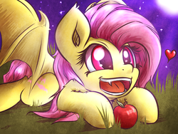 Size: 4000x3000 | Tagged: safe, artist:kyodashiro, fluttershy, bat pony, pony, bats!, g4, apple, cute, ear tufts, fangs, female, fluffy, flutterbat, happy, heart, high res, leg fluff, mare, moon, night, open mouth, prone, race swap, shoulder fluff, shyabates, shyabetes, smiling, solo, spread wings