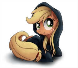 Size: 800x704 | Tagged: dead source, safe, artist:xioade, applejack, earth pony, pony, g4, clothes, cute, female, freckles, hoodie, jackabetes, mare, ponyloaf, prone, simple background, smiling, solo, white background