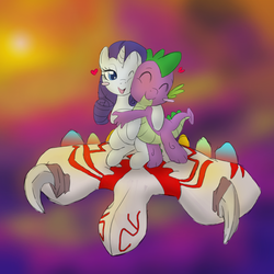 Size: 1000x1000 | Tagged: safe, artist:mew, artist:muh-arts, rarity, spike, dragon, pony, unicorn, g4, blush sticker, blushing, dragoon (kirby), eyes closed, female, floating heart, heart, hug, kirby (series), kirby air ride, legendary air ride machine, male, mare, one eye closed, open mouth, open smile, ship:sparity, shipping, smiling, straight