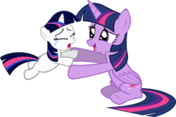 Size: 2479x1642 | Tagged: safe, artist:zacatron94, edit, twilight sparkle, oc, oc:starlight sparkle, alicorn, pony, unicorn, g4, crying, eyes closed, female, filly, mare, not twilight sparkle, offspring, open mouth, parent:night light, parent:twilight velvet, parents:nightvelvet, recolor, request, simple background, sisters, tears of joy, transparent background, twilight sparkle (alicorn), vector