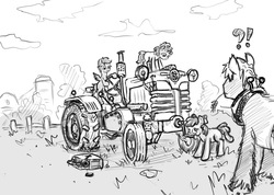 Size: 1252x890 | Tagged: safe, artist:agm, apple bloom, big macintosh, scootaloo, sweetie belle, earth pony, pony, g4, cutie mark crusaders, male, stallion, tractor