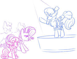 Size: 1280x988 | Tagged: safe, artist:mcsadat, rarity, sapphire shores, sweetie belle, g4, stage