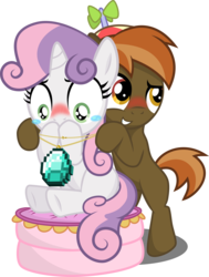Size: 6058x8001 | Tagged: dead source, safe, artist:lockerobster, artist:medio-cre, button mash, sweetie belle, earth pony, pony, unicorn, g4, absurd resolution, blushing, buttonbetes, colt, crying, cute, diamond, diasweetes, female, filly, foal, looking down, male, minecraft, necklace, ship:sweetiemash, shipping, simple background, sitting, smiling, straight, transparent background, underhoof, vector
