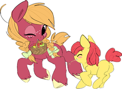 Size: 1162x854 | Tagged: safe, artist:clockworkquartet, apple bloom, big macintosh, g4, adorabloom, applebuck, basket, cute, hilarious in hindsight, macabetes, macareina, mouth hold, rule 63, rule63betes