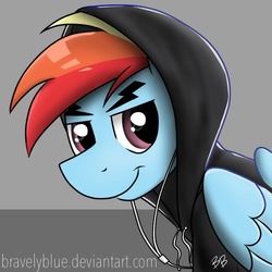 Size: 800x800 | Tagged: safe, artist:bravelyart, rainbow dash, g4, clothes, earbuds, hoodie, rainbow blitz, rule 63, solo
