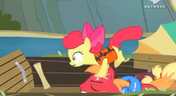 Size: 411x224 | Tagged: safe, screencap, apple bloom, applejack, big macintosh, earth pony, pony, g4, pinkie apple pie, season 4, apple bloom's bow, bow, female, filly, foal, hair bow, male, stallion