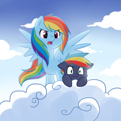 Size: 3000x3000 | Tagged: safe, artist:kianamai, rainbow dash, oc, oc:prism bolt, pegasus, pony, kilalaverse, g4, acrophobia, cloud, cloudy, colt, fanfic, fanfic art, female, foal, high res, like mother like son, like parent like child, male, mama dash, mare, mother, mother and son, next generation, offspring, parent:rainbow dash, parent:soarin', parents:soarindash, scared, son