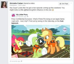 Size: 627x544 | Tagged: safe, edit, edited screencap, screencap, apple bloom, applejack, granny smith, earth pony, pony, g4, my little pony: friendship is magic, pinkie apple pie, blackgryph0n, facebook, female, filly, mare, michelle creber, text, twilightlicious