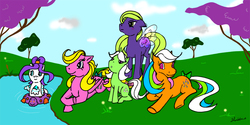 Size: 1024x512 | Tagged: safe, artist:lelunae, baby frosting, celebrate, party time, yum yum, earth pony, flutter pony, pegasus, pony, sea pony, twinkle eyed pony, unicorn, g1, g4, baby sea pony, best wishes (g1), bow, celebratorable, cute, diawishes, female, filly, foal, frostabetes, g1 to g4, generation leap, mare, outdoors, partybetes, ponyland, sitting, tail, tail bow, yumyumabetes