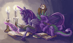 Size: 1024x614 | Tagged: safe, artist:substantiallyuseless, owlowiscious, spike, twilight sparkle, alicorn, pony, g4, book, candle, female, magic, mare, quill, scroll, twilight sparkle (alicorn)