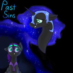 Size: 400x400 | Tagged: safe, artist:horsesenchanted, nightmare moon, oc, oc:nyx, alicorn, pony, fanfic:past sins, g4, alicorn oc, crying, fanfic, fanfic art, fanfic cover, nightmare nyx, solo, two sides