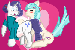 Size: 3000x2000 | Tagged: safe, artist:twizzle, coco pommel, rarity, g4, rarity takes manehattan, blushing, clothes, female, heart, lesbian, pregnant, sensibly-proportioned pregnancy, ship:marshmallow coco, shipping, simple background