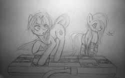 Size: 1024x633 | Tagged: safe, artist:thattagen, fluttershy, twilight sparkle, g4, dance dance revolution, monochrome, rhythm game, traditional art