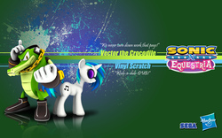 Size: 1920x1200 | Tagged: safe, artist:fuzon-s, artist:hashbro, dj pon-3, vinyl scratch, g4, crossover, male, sonic the hedgehog (series), vector the crocodile, wallpaper