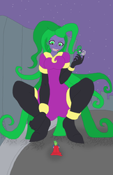 Size: 1700x2627 | Tagged: safe, artist:final7darkness, mane-iac, spike, human, g4, power ponies (episode), cape, clothes, electro orb, giantess, humanized, humdrum costume, macro, power ponies, request, requested art