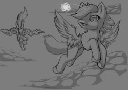 Size: 1192x835 | Tagged: safe, artist:sapphfyr, oc, oc only, flying, monochrome, sky