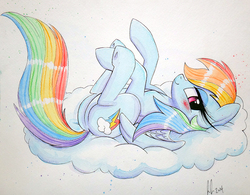 Size: 1018x794 | Tagged: safe, artist:prettypinkpony, rainbow dash, pegasus, pony, g4, blushing, butt, cloud, featureless crotch, female, long eyelashes, lying down, mare, on a cloud, on back, plot, solo