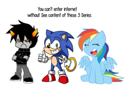 Size: 891x620 | Tagged: safe, artist:elias1986, rainbow dash, hedgehog, pegasus, pony, anthro, g4, crossed arms, crossover, engrish, female, homestuck, karkat vantas, male, mare, sonic the hedgehog, sonic the hedgehog (series), trio, troll (homestuck)