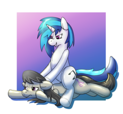 Size: 1400x1300 | Tagged: safe, artist:rawr, dj pon-3, octavia melody, vinyl scratch, earth pony, inflatable pony, pony, unicorn, g4, bedroom eyes, cute, cutie mark, female, floppy ears, frown, grin, hooves, horn, inanimate tf, inflatable, lesbian, lying down, mare, pool toy, prone, ship:scratchtavia, shipping, sitting, smiling, teeth, unamused, vector