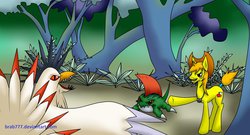 Size: 1217x657 | Tagged: safe, artist:brab777, oc, betamon, bird, cockatrice, cockatrimon, earth pony, pony, colt, crossover, digimon, green background, male, simple background, tree