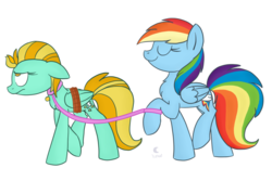 Size: 1024x683 | Tagged: safe, artist:lunar-pop, lightning dust, rainbow dash, pegasus, pony, g4, bound wings, collar, cutie mark collar, duo, duo female, female, leash, mare, pet, pet play, pet tag, simple background, transparent background