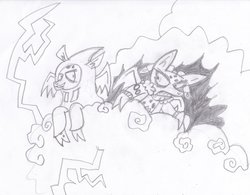 Size: 1012x790 | Tagged: safe, artist:toon-n-crossover, idw, big boy the cloud gremlin, runt the cloud gremlin, cloud gremlins, g4, bat wings, clothes, cloud, hooves, jacket, lightning, monochrome, ponified, storm, thunder, wings