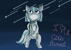 Size: 1351x944 | Tagged: safe, artist:furryxxi-02, coco pommel, g4, clothes, female, heart, meteor shower, note, scarf, shooting star, signature, solo, stars