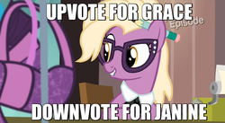 Size: 852x468 | Tagged: safe, grace manewitz, g4, rarity takes manehattan, female, image macro, meme, meta, op is a duck, op is trying to start shit, poll, solo, vote