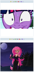 Size: 258x537 | Tagged: safe, fluttershy, twilight sparkle, bat pony, human, derpibooru, bats!, g4, my little pony: friendship is magic, exploitable meme, flutterbat, humanized, juxtaposition, juxtaposition win, meme, meta, race swap