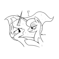 Size: 800x800 | Tagged: safe, artist:srmario, princess celestia, princess luna, alicorn, pony, g4, :o, bedroom eyes, blushing, eye contact, eyeshadow, female, grayscale, grin, heart, horn, horns are touching, incest, leaning, lesbian, lewd, lidded eyes, makeup, mare, missing accessory, monochrome, open mouth, ship:princest, shipping, simple background, smiling, sweat, white background