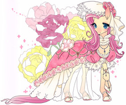 Size: 830x690 | Tagged: safe, artist:pasikon, fluttershy, pony, g4, clothes, dress, female, flower, headdress, hoof shoes, jewelry, mare, necklace, raised hoof, see-through, see-through skirt, skirt, solo, standing, turned head, wedding dress