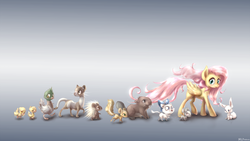 Size: 4098x2304 | Tagged: safe, artist:mlpanon, angel bunny, fluttershy, beaver, cat, duck, ferret, mallard, mouse, pegasus, pony, porcupine, squirrel, g4, animal, bow, duckling, female, gray background, kitten, male, mare, simple background