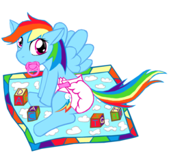 Size: 1825x1633 | Tagged: safe, artist:cuddlelamb, rainbow dash, g4, adult foal, blocks, diaper, female, mat, non-baby in diaper, pacifier, poofy diaper, solo