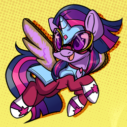 Size: 500x500 | Tagged: safe, artist:lustrous-dreams, twilight sparkle, alicorn, pony, ask filly twilight, g4, power ponies (episode), clothes, costume, fake wings, female, filly, mare, masked matter-horn costume, power ponies, solo, twilight sparkle (alicorn), younger