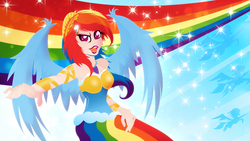 Size: 1920x1080 | Tagged: safe, artist:rariedash, rainbow dash, human, g4, armpits, clothes, dress, female, humanized, light skin, lineless, open mouth, solo, teeth, winged humanization, wings